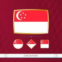 einstellen von Singapur Flaggen mit Gold Rahmen zum verwenden beim Sport Veranstaltungen auf ein Burgund abstrakt Hintergrund. vektor