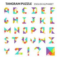 Vektor Tangram Englisch Alphabet. 26 Farbe isoliert bunt Briefe auf ein Weiß Hintergrund. Tangram Kinder Gehirn Spiel Schneiden Transformation Puzzle Vektor Satz.