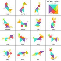 tangram pussel spel för ungar. vektor färgrik samling med olika isolerat bruka och vild djur. isolerat tangram djur ikoner på vit bakgrund. vektor illustration