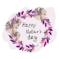 Grattis på mors dag i en blommig krans på en rosa bakgrund. text i en runda ram av kronblad. vektor