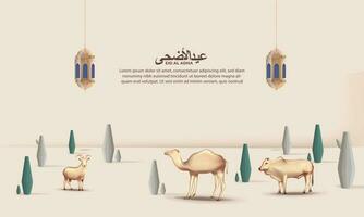 eid al Adha bakgrund med get, kamel, ko och lykta för affisch, baner design. vektor illustration