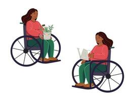 ein afrikanisch amerikanisch Frau im ein Rollstuhl mit ein Bewässerung können im ihr Hände und Frau mit ein Eimer von Pflanzen auf ihr Schoß. Gartenarbeit eben Vektor Illustration. Gleichwertigkeit, Toleranz, Aufnahme.