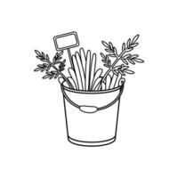 Metall Garten Eimer mit Gras und Pflanzen und ein hölzern Zeichen auf ein Weiß Hintergrund. Gliederung Gartenarbeit Zeichnung. vektor
