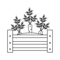 hölzern Garten Box mit Sämlinge. jung Karotte im Box mit Erde. Gartenarbeit, Landwirtschaft, Gemüse Garten. Vektor Illustration im Gliederung Stil isoliert auf Weiß Hintergrund.