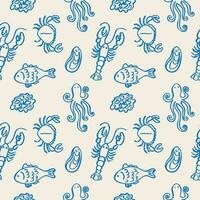 skaldjur sömlös mönster hand dragen vektor illustration. upprepa bakgrund med fisk, ostron, musslor, krabba, hummer, marin motiv. dekorativ blå prydnad