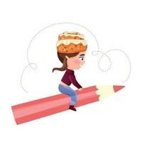 Mädchen Charakter mit ein Zimt Brötchen auf ihr Kopf fliegt auf ein Bleistift. Vektor Illustration