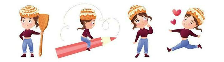 tecken uppsättning med en kanel bulle. flicka i annorlunda poser med en bulle på henne huvud. vektor illustration för matlagning, bageri