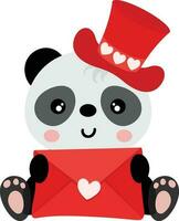 förtjusande panda med röd hatt innehav en valentine brev kuvert vektor