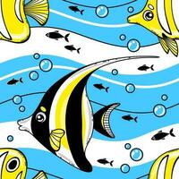 sömlös mönster med tecknad serie hav fisk. design med söt moorish idol. vektor ClipArt på en marin tema. perfekt för tapet, tyg, textil, omslag papper i hav stil.