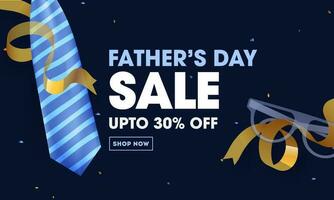 bis zu Rabatt Angebot auf Vaters Tag Verkauf Banner Design mit Krawatte und Brille Illustration auf Blau Hintergrund. vektor