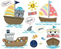 uppsättning av hand dragen båt tecknad serie med färgrik ornament, rolig katt på segla båt, marin djur vektor