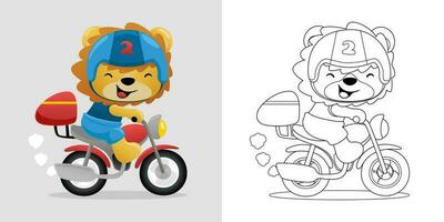 Vektor Illustration von Karikatur Löwe Reiten Motorrad. Färbung Buch oder Seite zum Kinder