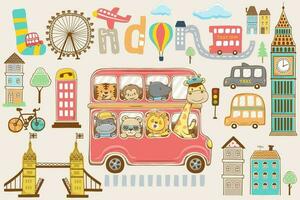 Vektor Illustration von Hand gezeichnet komisch Tiere Karikatur auf rot Bus mit London Stadt Kritzeleien Elemente