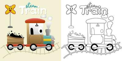 Vektor Illustration von Karikatur Dampf Zug mit Eisenbahn unterzeichnen. Färbung Buch oder Seite zum Kinder