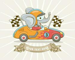 vektor illustration av söt elefant i racer kostym på tävlings bil, rutig flaggor och band