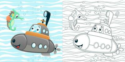 vektor illustration av tecknad serie rolig u-båt med sjöhäst under havet. färg bok eller sida
