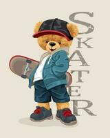 Hand gezeichnet Vektor Illustration von Teddy Bär im städtisch Stil halten Skateboard