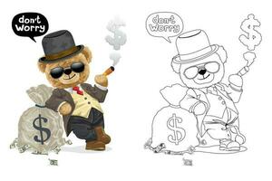 Hand gezeichnet Vektor Illustration von Teddy Bär im Banker Kostüm mit Geld Tasche. Färbung Buch oder Seite