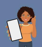 ung afrikansk kvinna innehav smart telefon med tom skärm som visar tumme upp vektor