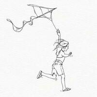 ung flicka löpning och flygande drake linje teckning vektor