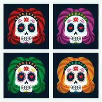 illustration av dia de los muertos dag av de död- annorlunda hår Färg ikoner vektor