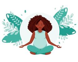 schwangere Afroamerikanerfrau, die im Lotus-Posen-Schwangerschaftsgesundheitskonzept meditiert vektor