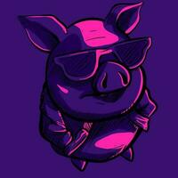Digital Kunst von ein cool Gangsta Schwein tragen Sonnenbrille und ein Jacke unter Rosa Neon- Beleuchtung. Vektor von ein Schläger Ferkel unter uv mit seine Hände im das Tasche
