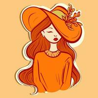 digital konst av en kvinna med höst vibrafon bär en stor hatt med falla löv. svartvit illustration av en tecknad serie flicka med orange Tröja vektor