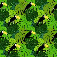 nahtloser Musterhintergrundentwurf des tropischen Tukanvogels und des Palmblattes vektor
