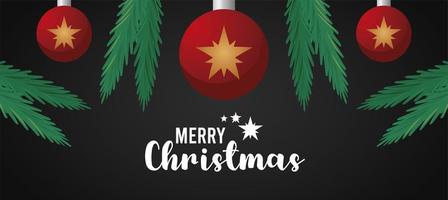 Frohe frohe Weihnachten-Beschriftungskarte mit Sternen in den Kugeln und in den Blättern vektor
