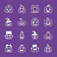 Bündel von Halloween-Kürbissen in den purpurroten Hintergrundlinien-Stilikonen vektor