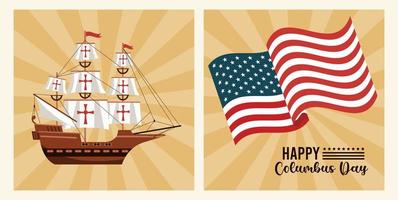 Happy Columbus Day Feier mit USA Flagge und Schiff vektor