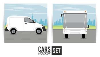 minibuss och buss mockup bilar fordon ikoner vektor