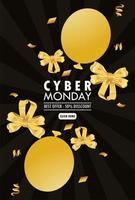 Cyber Montag Feiertagsplakat mit goldenen Luftballons Helium und Bändern Schleifen vektor