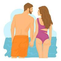 Mädchen und ein Mann Paar im Liebe ruhen auf Ferien im Sommer- vektor