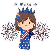 amerikanisch Mädchen Porträt feiern 4 .. von Juli Unabhängigkeit Tag mit Kostüm, Statue von Freiheit, Hand Zeichnung Stil Vektor