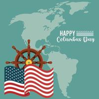 glückliche Columbus-Tagesfeier mit Schiffsruder und Karte des amerikanischen Kontinents vektor