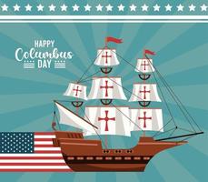 Happy Columbus Day Feier mit Segelboot und USA Flagge vektor