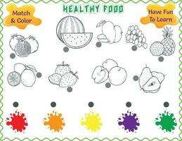 friska mat, vetenskap, pedagogisk tryckbar, arbetsblad, match och Färg frukter, vattenmelon, vindruvor, ananas, citron, jordgubbe, äpplen, päron, mango, färger röd, orange, gul, lila, och grön vektor