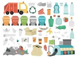 Abfall Recycling und Sortierung Sammlung. Vektor ökologisch einstellen zum Kinder. Erde Tag Illustration mit Müll Mülleimer, Plastik, organisch, Papier Müll, recyceln Anlage, LKW. Umgebung freundlich Pack