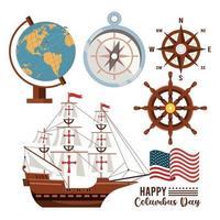 Happy Columbus Day Feier mit Segelboot und Set Icons vektor
