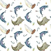 sömlös mönster av hav fisk och segla båt vattenfärg illustration isolerat på vit. fiske båt och lax, öring hand ritade. design element för textil, förpackning, omslag, bakgrund, marknadsföra vektor