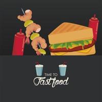 Sandwich- und Garnelenspieße mit Saucen köstliche Fast-Food-Ikone vektor