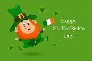 st. patrick's day illustration, niedlicher leprechaun mit irland-flaggen und kleeblättern. postkarte, feiertagsbanner, vektor