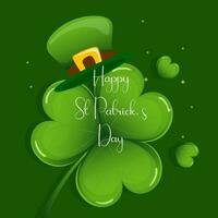 st. Patricks dag, pyssling hatt med vitklöver löv och Grattis text. illustration, vykort, baner, vektor