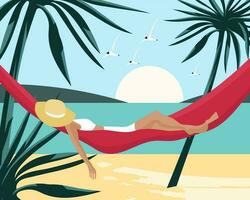 Meereslandschaft. Frau ruhen im ein Hängematte auf das Meer mit Palme Bäume. Sommer- Illustration, Poster, Vektor