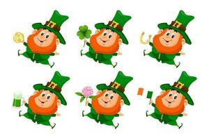 st. Patricks dag icons.set av söt leprechauns med klöver blad, gyllene mynt, öl mugg, irland flagga, gyllene hästsko. ikoner, vykort, vektor