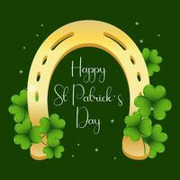 st. patrick's day, goldenes hufeisen mit kleeblättern, kleeblatt und glückwunschaufschrift. Illustration, Banner, Postkarte, Vektor