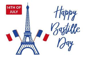 glücklich Bastille Tag. Französisch National Tag Poster. Eiffel Turm und Beschriftung. Illustration, Vektor
