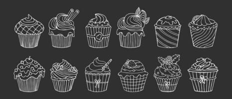 einstellen von Hand gezeichnet Cupcakes und Beschriftung Süss Land . linear Essen Symbole, Design Elemente, Färbung Buch. Vektor